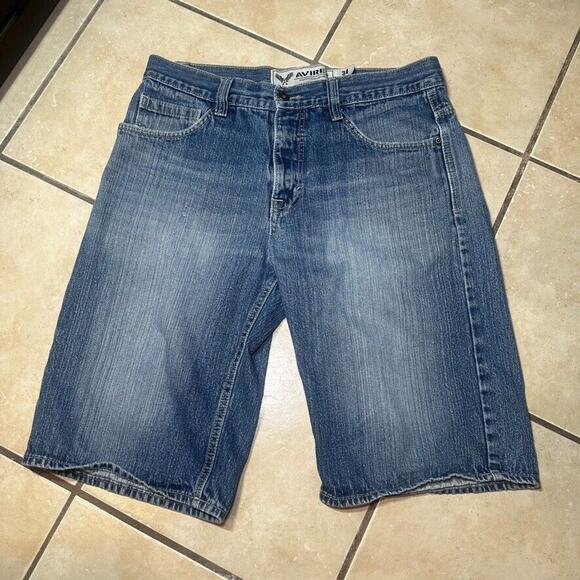 Y2K Avirex Blue Denim Jorts Jean Shorts Mens Size 34 x 13 Skater Hip Hop - Picture 1 of 8